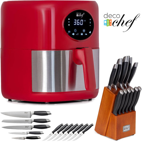Deco Chef 3.7QT Digital Air Fryer (Red) Bundle with Gourmet 12-Piece Knife Set