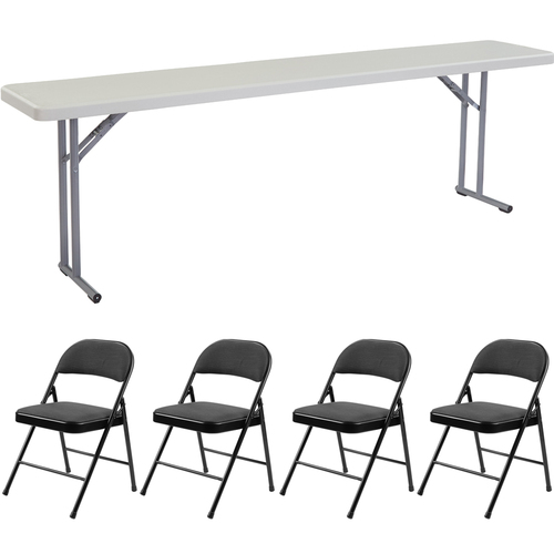 National Public Seating 18` x 96` Heavy Duty Seminar Folding Table, Speckled Grey w/ 4x Chairs