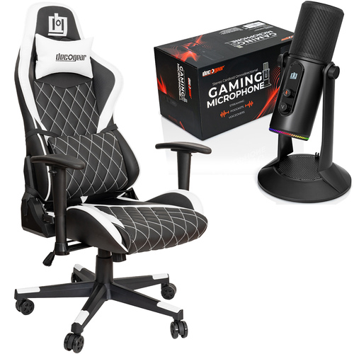 Deco Gear Ergonomic White Gaming Chair, Head, Lumbar Support, with 4 Mode Streaming Mic