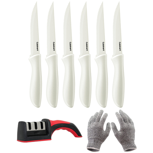 Cuisinart Advantage 6Pc Serrated Steak Knife Set, White +Safety Gloves +Knife Sharpener
