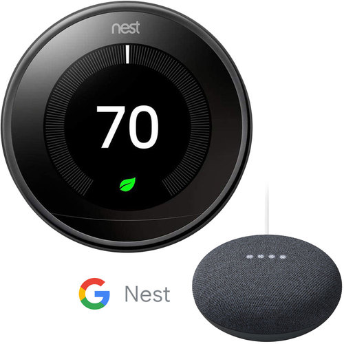 Google Nest Learning Thermostat 3rd Gen, Mirror Black Bundle with Mini Speaker (Charcoal)