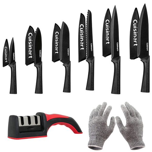 Cuisinart C55-12PMB 12pc 6 Knife Set w/6 Blade Guards Black +Safety Gloves+Knife Sharpener
