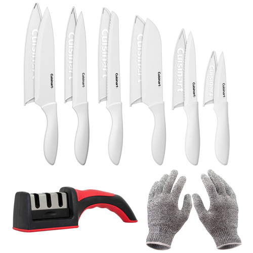 Cuisinart Advantage 12pc White Knife Set w/ Blade Guards + Safety Gloves +Knife Sharpener