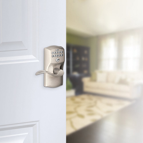 Schlage Camelot Keypad Entry with Flex-Lock & Accent Levers - Satin Nickel (FE595V CAM)