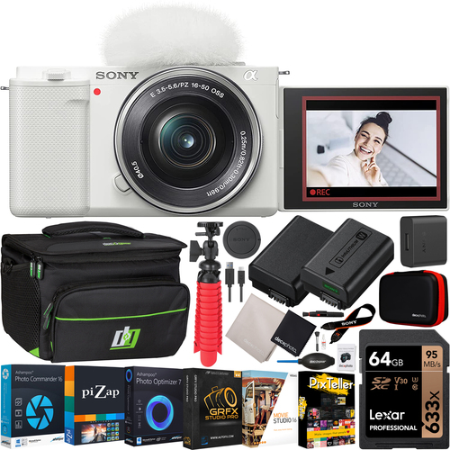 Sony ZV-E10 Mirrorless Alpha APS-C Vlog Camera Body + 16-50mm Zoom Lens White Bundle