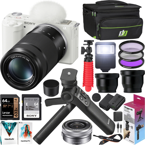 Sony ZV-E10 Mirrorless Vlog Camera 2 Lens Kit 16-50mm 55-210mm + ACCVC1 White Bundle