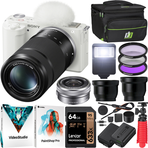 Sony ZV-E10 Mirrorless Vlog Camera Body + 2 Lens Kit 16-50mm + 55-210mm White Bundle
