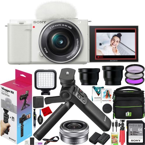 Sony ZV-E10 Mirrorless Vlog Camera + 16-50mm Lens + ACCVC1 Vlogger Kit White Bundle