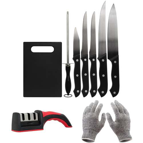 Deco Essentials Deco Essentials 5pc Knife Set w/Board & Sharpening Steel +Gloves+Knife Sharpener