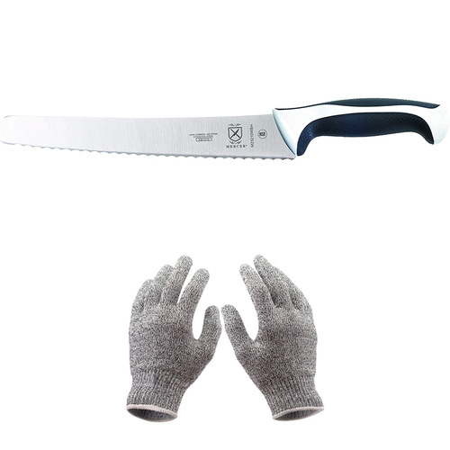 Mercer Culinary Millennia Bread Knife, 10-Inch Wide Wavy Edge, White w/ Safety Gloves