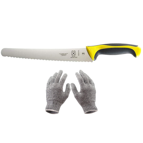 Mercer Culinary Bread Knife 10-Inch Wavy Edge Wide Yellow with Cut Safe Gloves