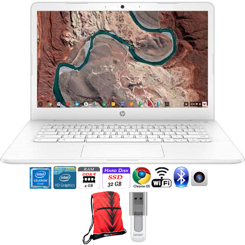 Hewlett Packard Chromebook 14` Intel Celeron N3350 4GB RAM 32GB Laptop + 64GB Flash Drive + Bag