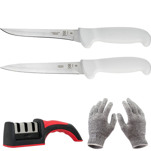 Mercer Cutlery 6` Boning Knife M18100 + 7` Fillet Knife M18160 w/ Knife Sharpener + Gloves