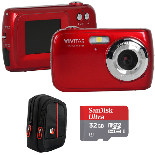 Vivitar VS126-Red 16 MP Digital Camera, Red + Accessory Bundle
