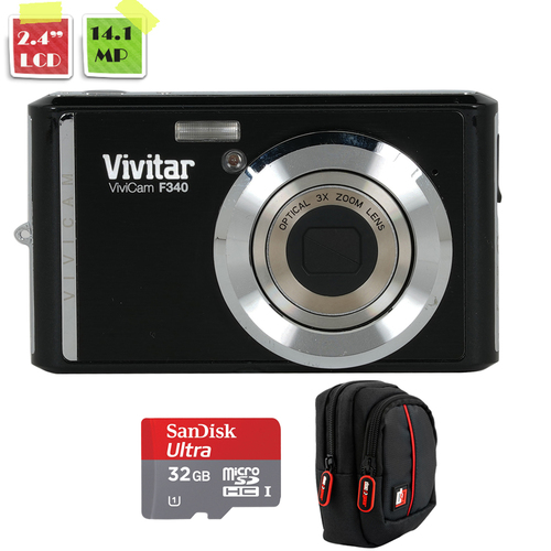 Vivitar Vivcam F340 14.1 MP 2.4` LCD Camera and Camcorder Black + 32GB Card + Deco Bag