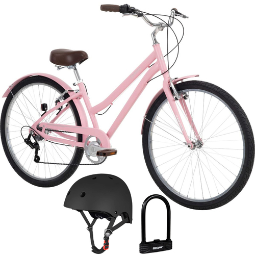 Huffy 26770 Sienna Women's 27.5` 7-Speed Comfort Bike Pale Pink + Safety Bundle