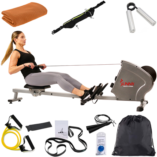 Sunny Health and Fitness SF-RW5856 Magnetic Rowing Machine w/ 11 lb Flywheel w/ Fitness Bundle