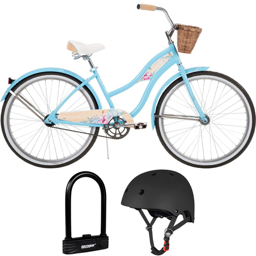 Huffy Panama Jack Women's Beach Cruiser Bike, Light Blue w/ Helmet & Bike Lock