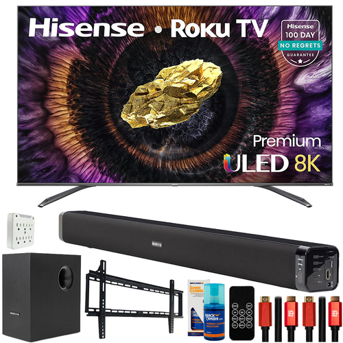 Hisense 75` ULED 8K Premium Roku Smart TV 2021 with Deco Gear Home Theater Bundle