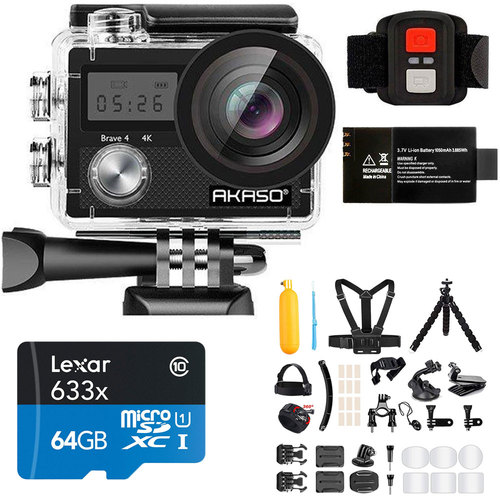 Akaso Brave 4 Waterproof Sports 4K Action Camera (Black) Bundle + 64GB Accessory Kit