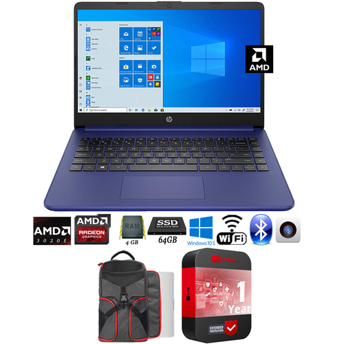 HP 14` HD PC Laptop, AMD 3020e, 4GB/64GB Blue (14-fq0010nr) + Backpack Bundle