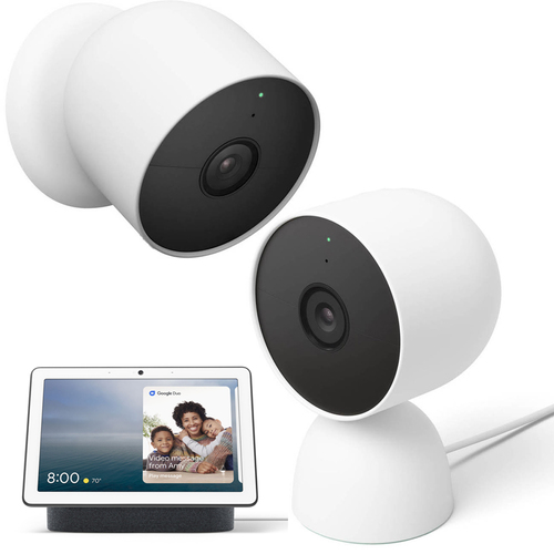 Google Nest Cam (Outdoor or Indoor Battery) 2-Pack in Snow + Google Nest Hub Max