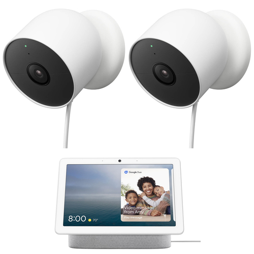 Google Nest Cam (Outdoor or Indoor, Battery) 2Pack + Google Nest Hub Max (Chalk)