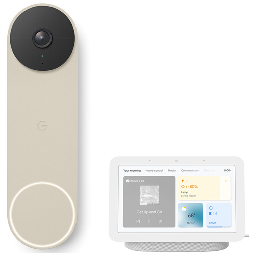 Google Nest Doorbell (Battery) - Linen w/ Google Nest Hub 2nd Gen, Chalk