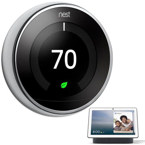 Google Nest 3rd Generation Learning Thermostat Polished Steel + Hub Max Charcoal