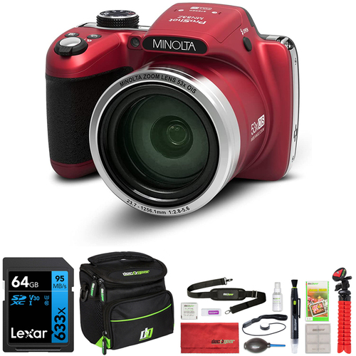 Minolta Pro Shot 16MP Digital Camera 53x Optical Zoom, Red w/ Deco Accessory Bundle