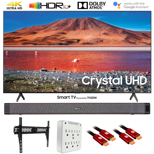 Samsung UN60TU7000 60` 4K Ultra HD Smart LED TV (2020) with Deco Gear Soundbar Bundle