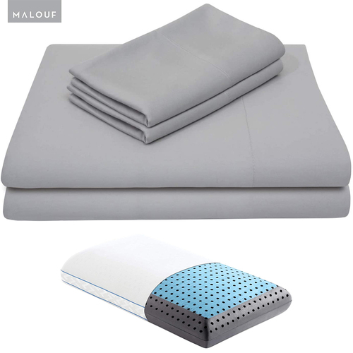 Malouf Rayon From Bamboo Twill Weave Sheet Set, Queen - Ash w/ Malouf Carboncool Pillow