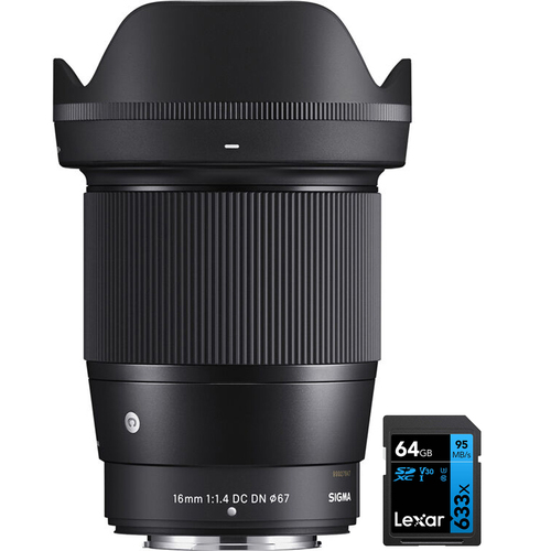 Sigma 16mm f/1.4 DC DN Contemporary Lens for FUJIFILM X with 64GB Memory Card