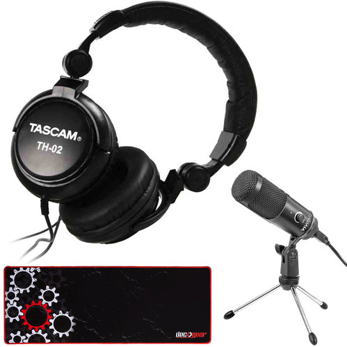 Tascam TH-02 Closed-Back Professional Headphones (Black) with Podcasting Bundle