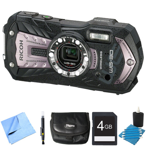 Ricoh WG-30W Digital Camera with 2.7-Inch LCD Carbon Gray 4GB Bundle