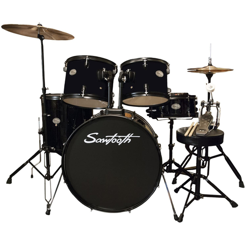 Sawtooth Rise Full Size 5-Piece Student Drum Set with Hardware and Cymbals, Pitch Black