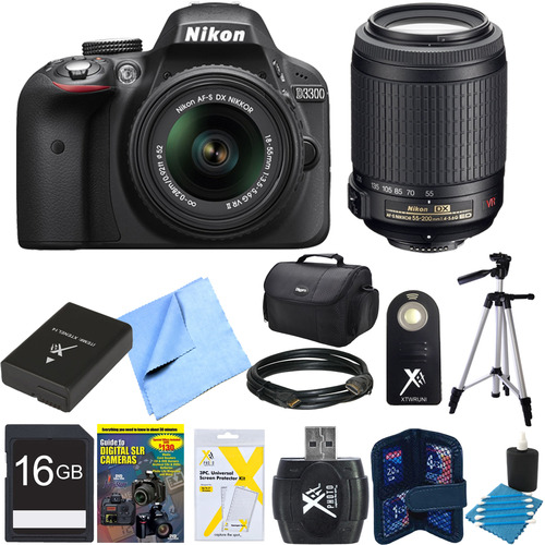 Nikon D3300 24.2 MP Digital SLR Black w/ 18-55mm and 55-200mm Lens REFURBISHED Bundle