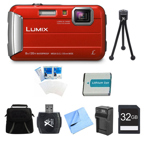 Panasonic LUMIX DMC-TS30 Active Tough Red Digital Camera 32GB Bundle