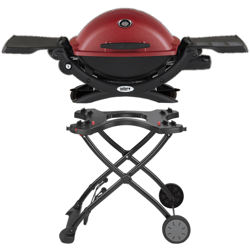 Weber Q1200 Liquid Propane Portable Grill Red with Portable Cart for Grill