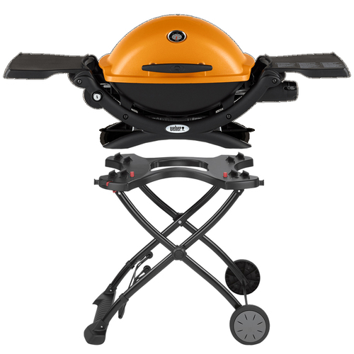 Weber Q1200 Liquid Propane Portable Grill Orange with Portable Cart for Grill