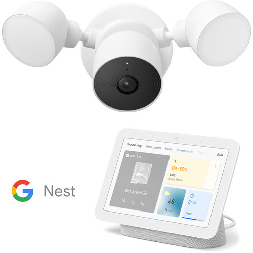 Google Nest Cam with Floodlight (White) Bundle with Hub Smart Display (2nd Gen, Chalk)