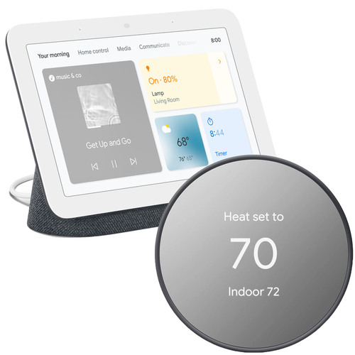 Google Nest Hub 2nd Generation Smart Display Hub in Charcoal + Smart Thermostat in Charcoal