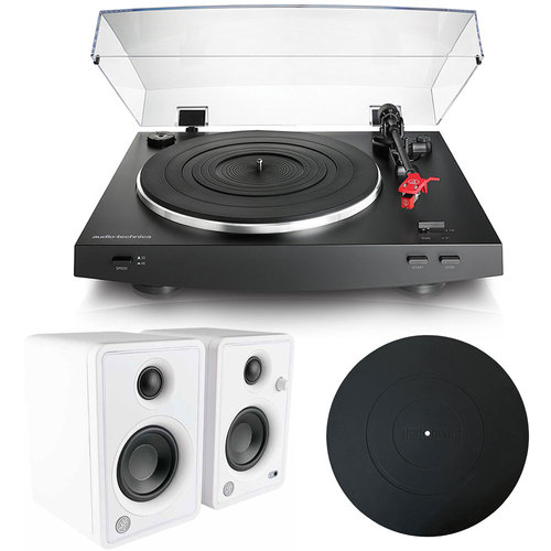 Audio-Technica AT-LP3BK Belt-Drive Stereo Turntable Bundle with CR3 3` Studio Monitors (White)