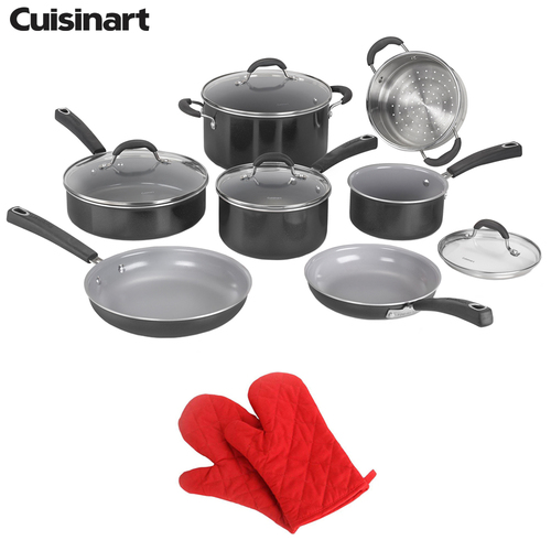 Cuisinart 11pc Set Ceramica XT Nonstick Cookware Set, Black w/ Deco Chef Oven Mitt
