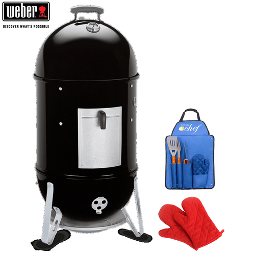 Weber Smokey Mountain Cooker Smoker 18` w/ BBQ Tool Set + Oven Mitts