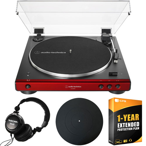 Audio-Technica AT-LP60XBT-RD Belt-Drive Bluetooth Turntable, Red Bundle with TH-02 Headphones