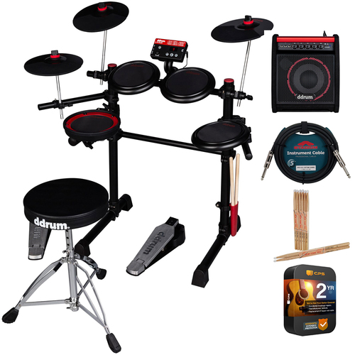 DDRUM Complete Electronic Drum Set w/ Mesh Drum Heads Black/Red+Equipment Bundle