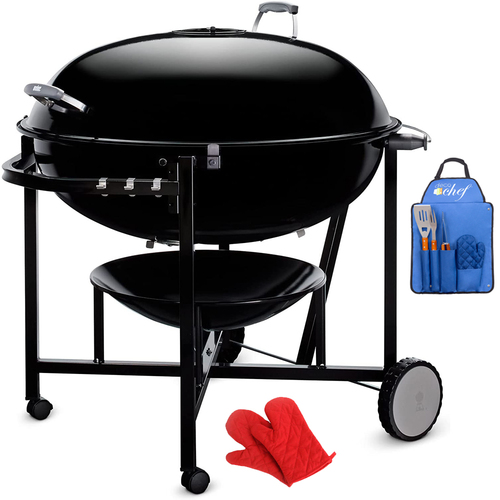 Weber Ranch Kettle Charcoal Grill 37 inch with BBQ Tool Set and Oven Mitt Pair