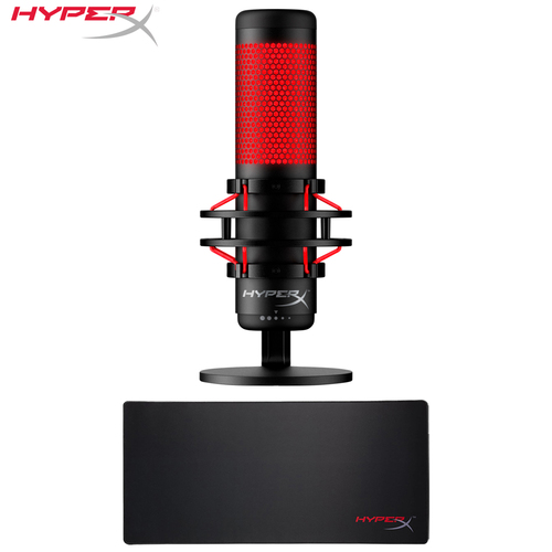 HyperX QuadCast Electret USB Condenser Microphone, Black/Red w/ Gaming Mouse Pad