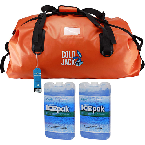 Cold Jack Coolers Waterproof Roll Top Duffel Bag Orange + 2x Hard Shell Ice Pack